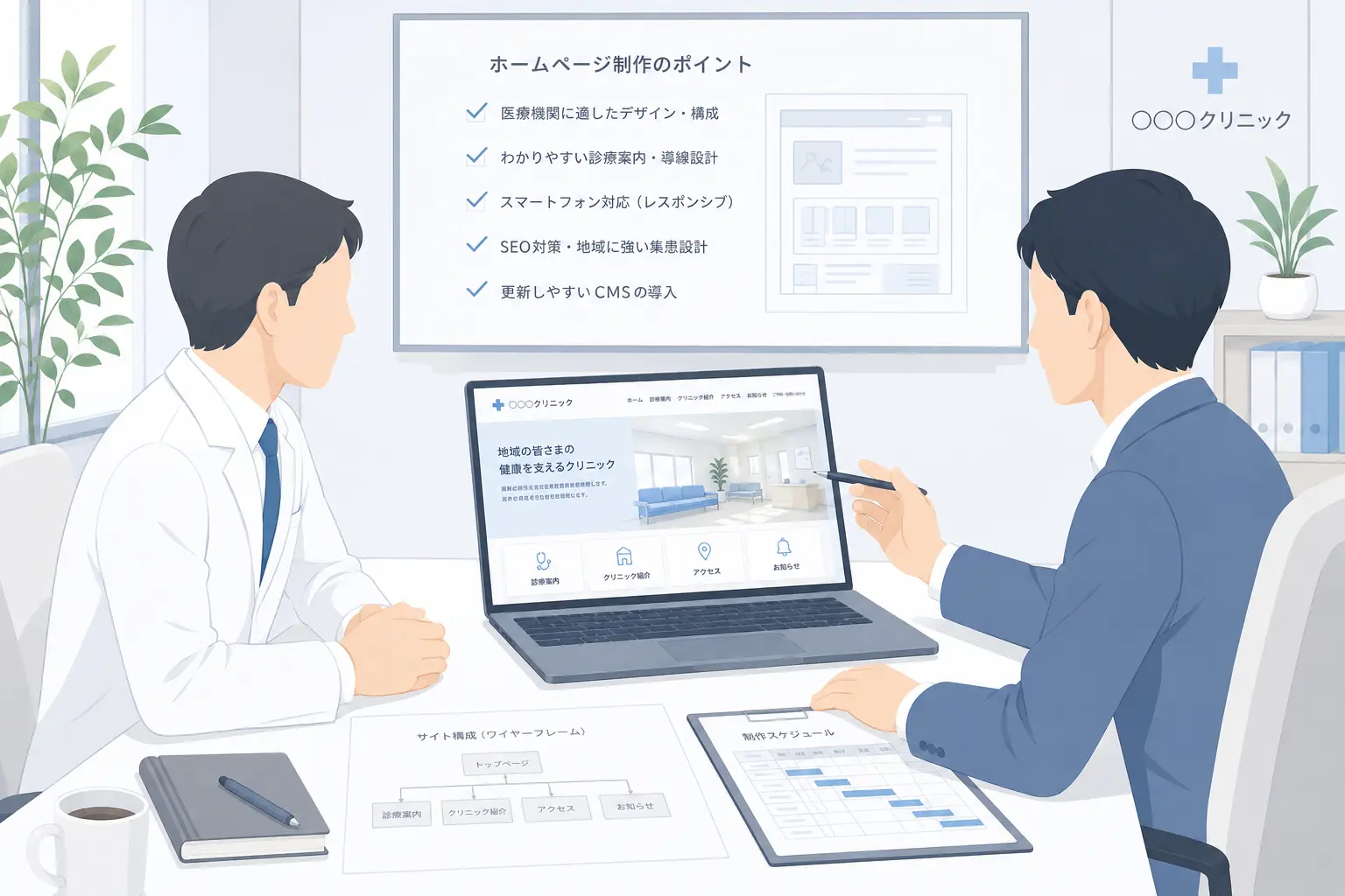 医療機関のホームページ制作について打ち合わせを行う様子、白を基調とした会議室でノートパソコンを開き、院長と制作者がサイト構成や資料を確認している落ち着いたビジネスシーン