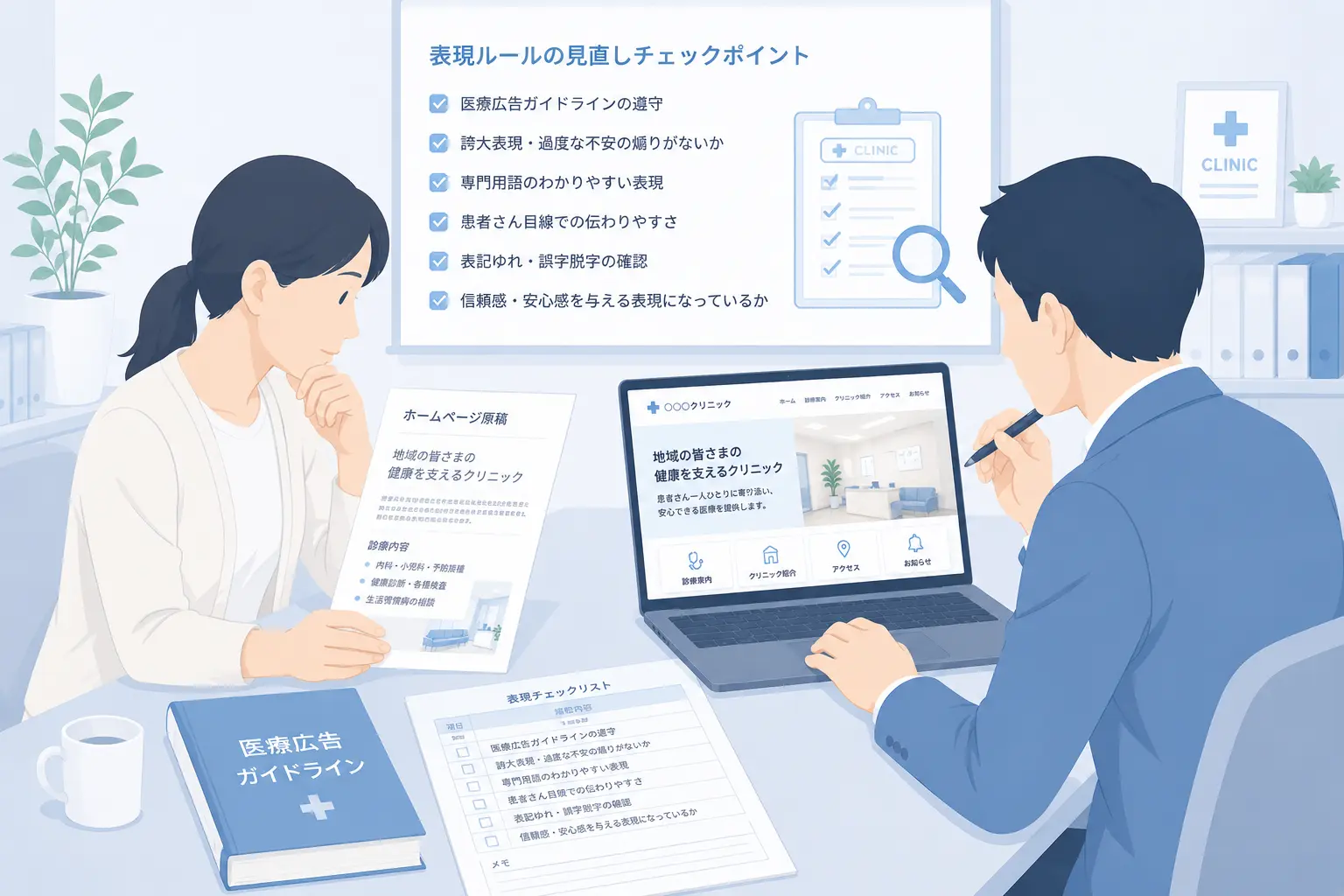 クリニックのホームページ原稿を確認しながら表現ルールを見直している様子、書類とノートパソコンを前に慎重にチェックしている医療機関の担当者とWeb制作者