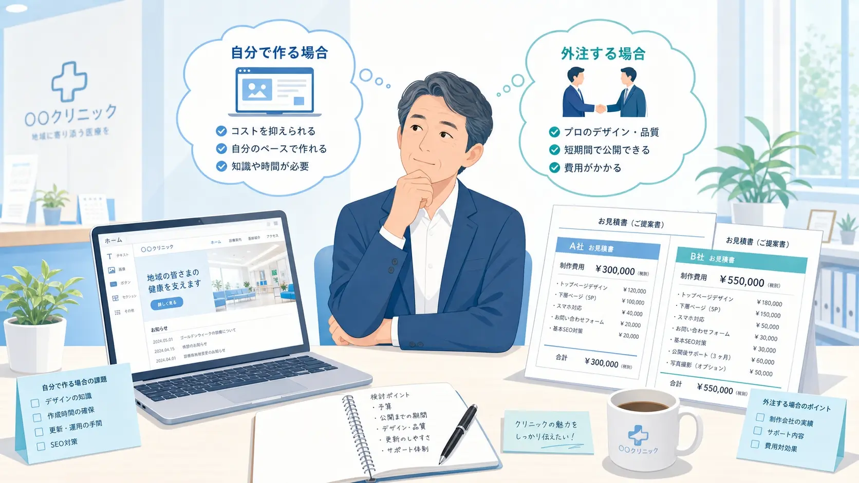 クリニックのホームページを自作するか外注するか検討しているイメージ、ノートパソコンにサイト作成画面と見積資料が並び、院長または開業準備中の担当者が比較しながら考えている明るく落ち着いたデスク風景