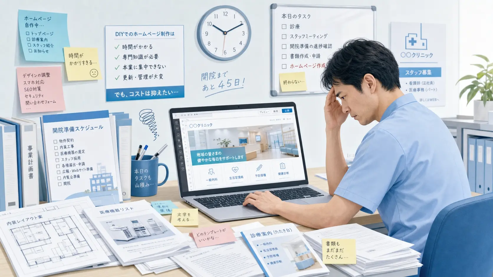 クリニックホームページの自作作業に時間がかかっている様子を表すイメージ、ノートパソコンでサイト編集をしながら書類やメモが広がり、開業準備や通常業務と並行して作業している現実的なデスク風景