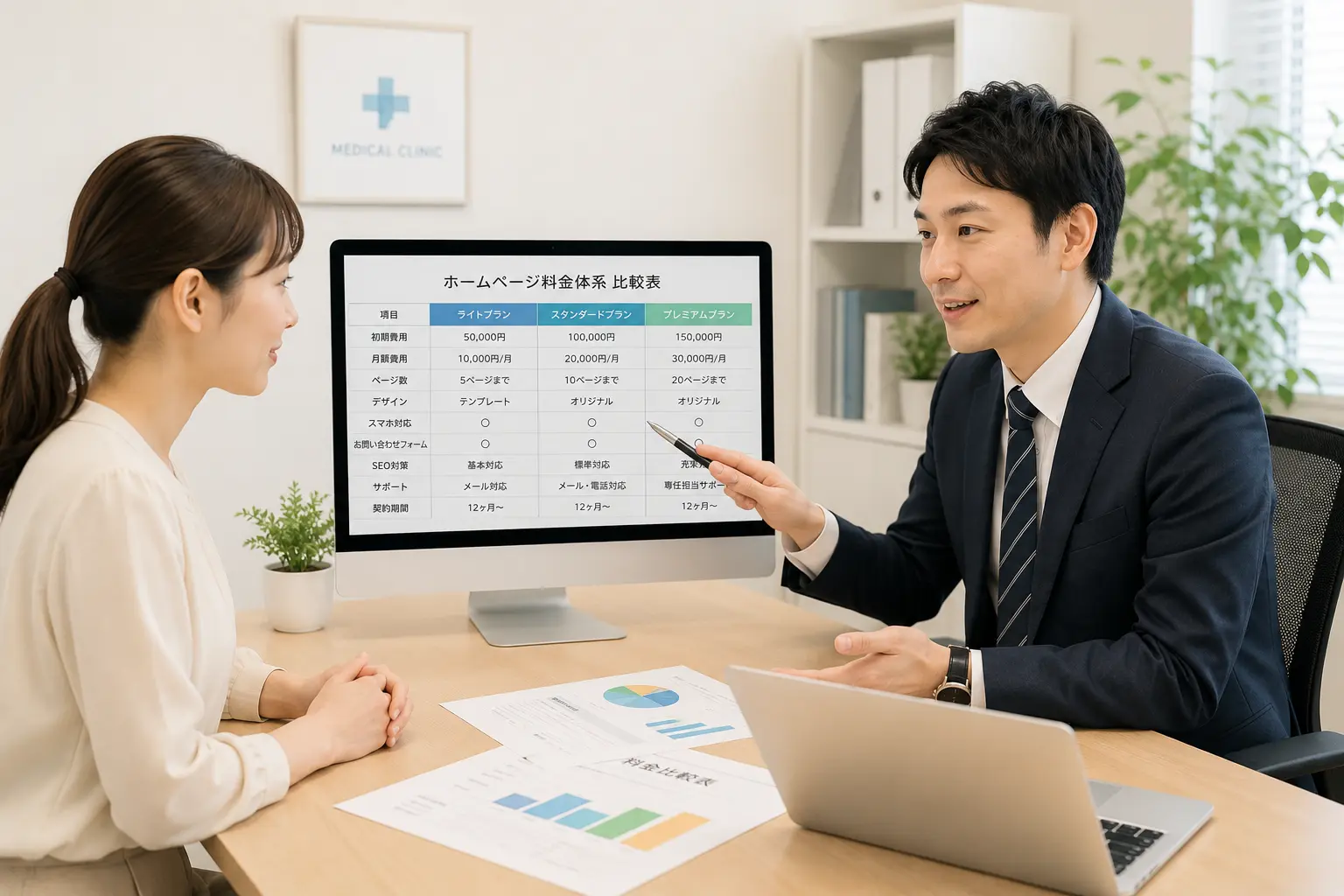 クリニックのホームページ料金体系を比較する表やグラフを見ながら説明を受ける医療機関の担当者、清潔感のあるオフィス、信頼感のある構図