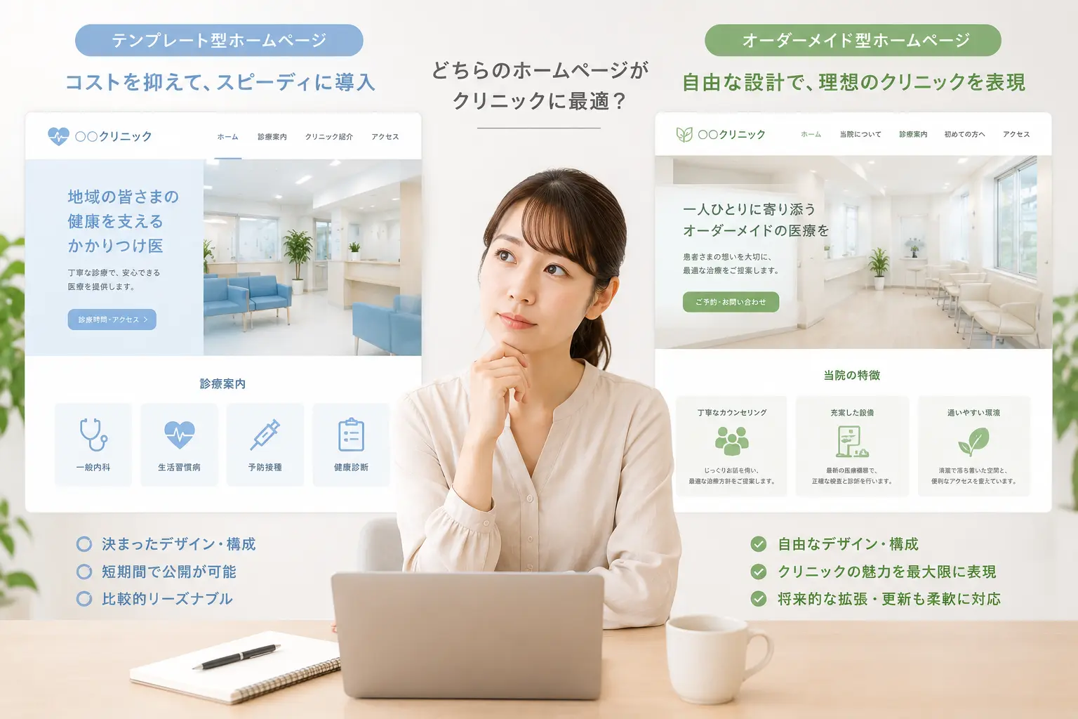 テンプレート型とオーダーメイド型のホームページ構成を比較するイメージ、左右に異なるWebデザイン案が並び、クリニックの担当者が検討している場面