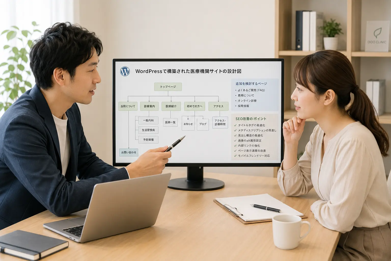 WordPressで構築された医療機関サイトの設計図を見ながら、ページ追加やSEO改善の相談をしているWeb制作者とクリニック担当者、落ち着いた会議風景