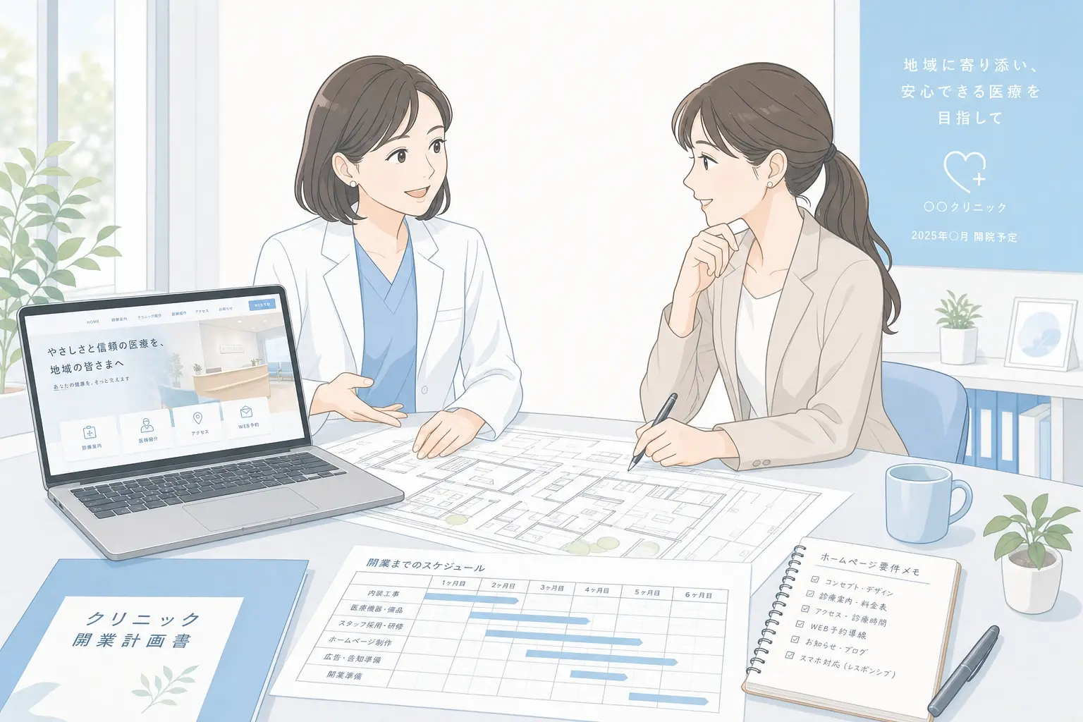 開業準備中のクリニックで、設計図やパソコン、スケジュール表を前に院長と制作担当者がホームページ準備を打ち合わせしている実務的な場面