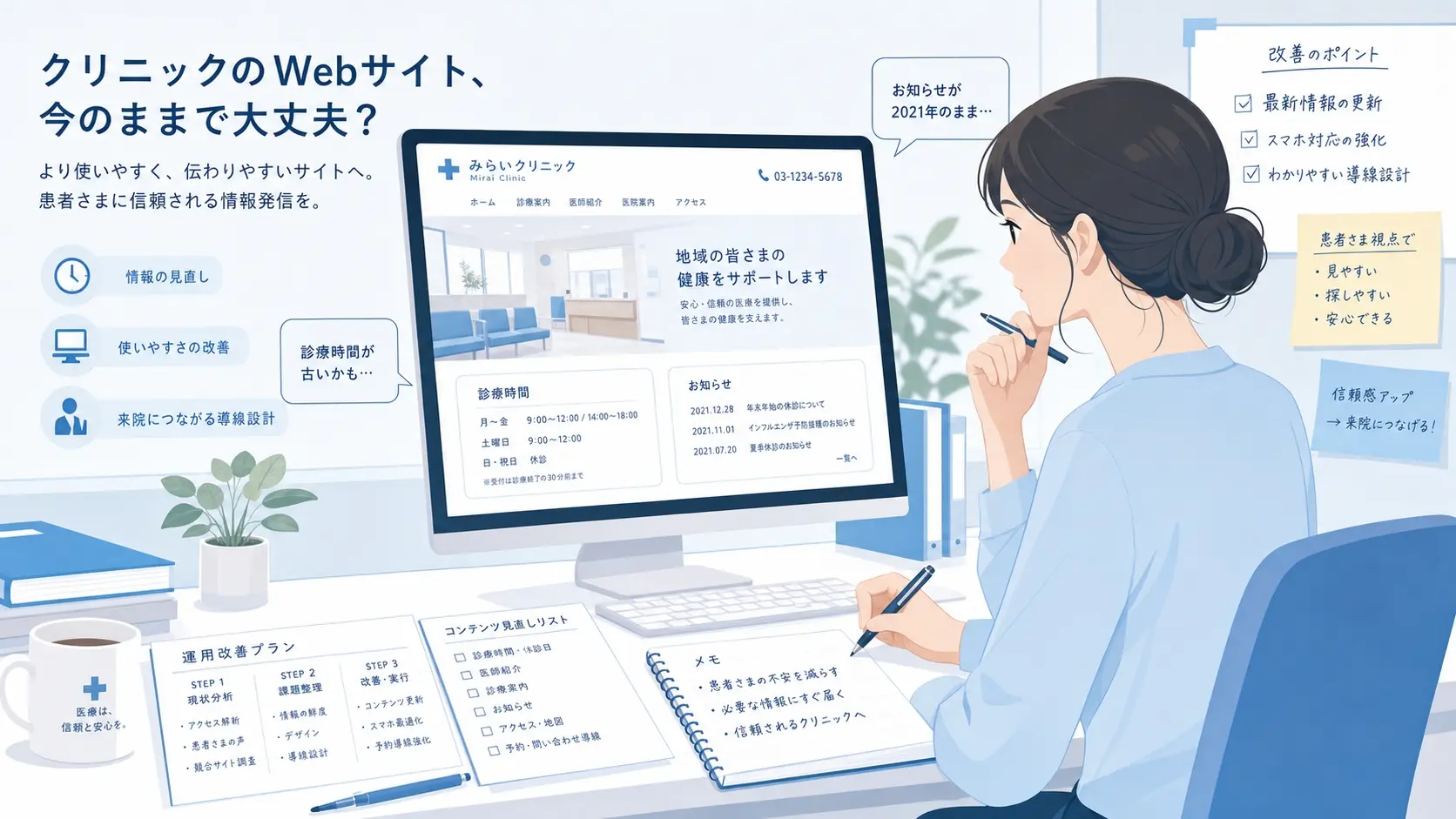 公開後の更新が止まったクリニックサイトの課題を見直しているイメージ、診療時間やお知らせの古い情報を確認しながら運用改善を検討している実務的で落ち着いた作業風景