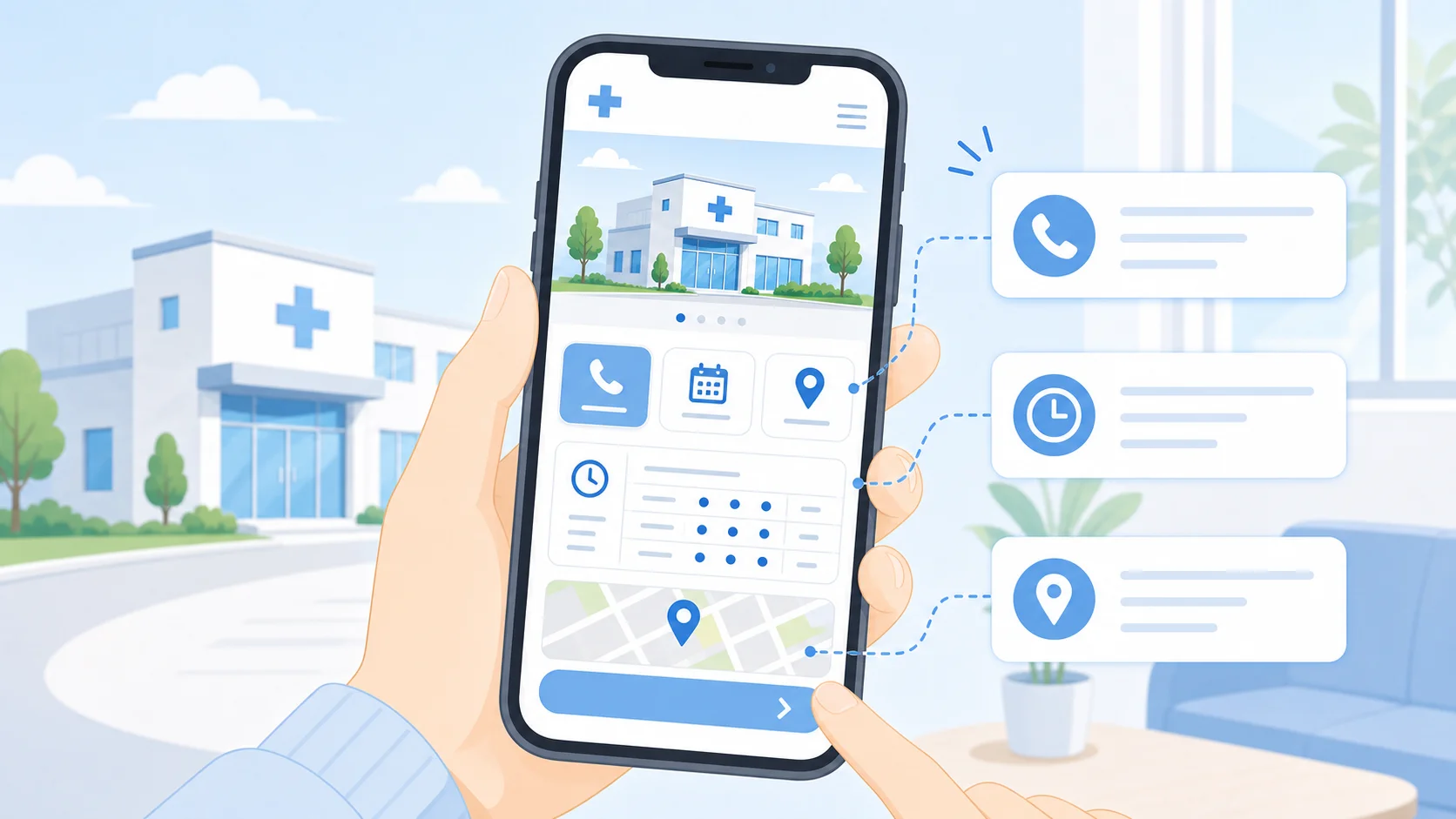 病院ホームページのスマホ画面で、電話ボタン、診療時間、アクセス導線が見やすく配置され、直感的に操作できる改善後のイメージ