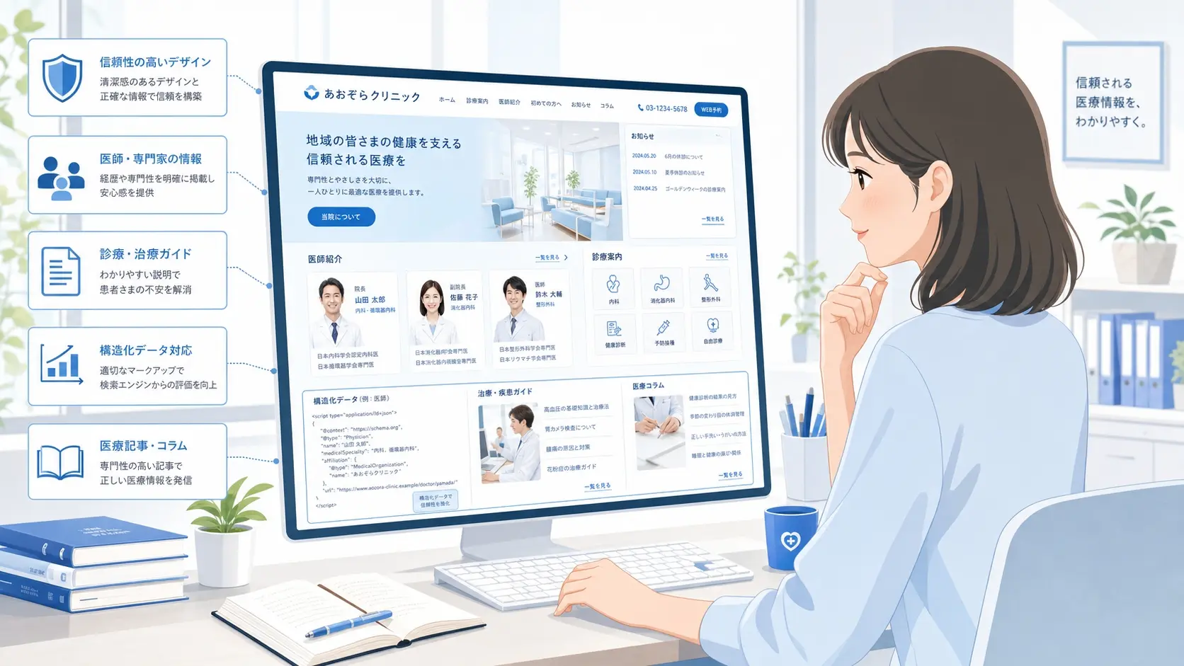 医療機関の信頼性を高めるホームページ設計を検討しているイメージ、医師プロフィールや診療案内、構造化データ、記事構成が整理されたWeb画面を前に制作者が内容を確認している清潔感のある作業風景
