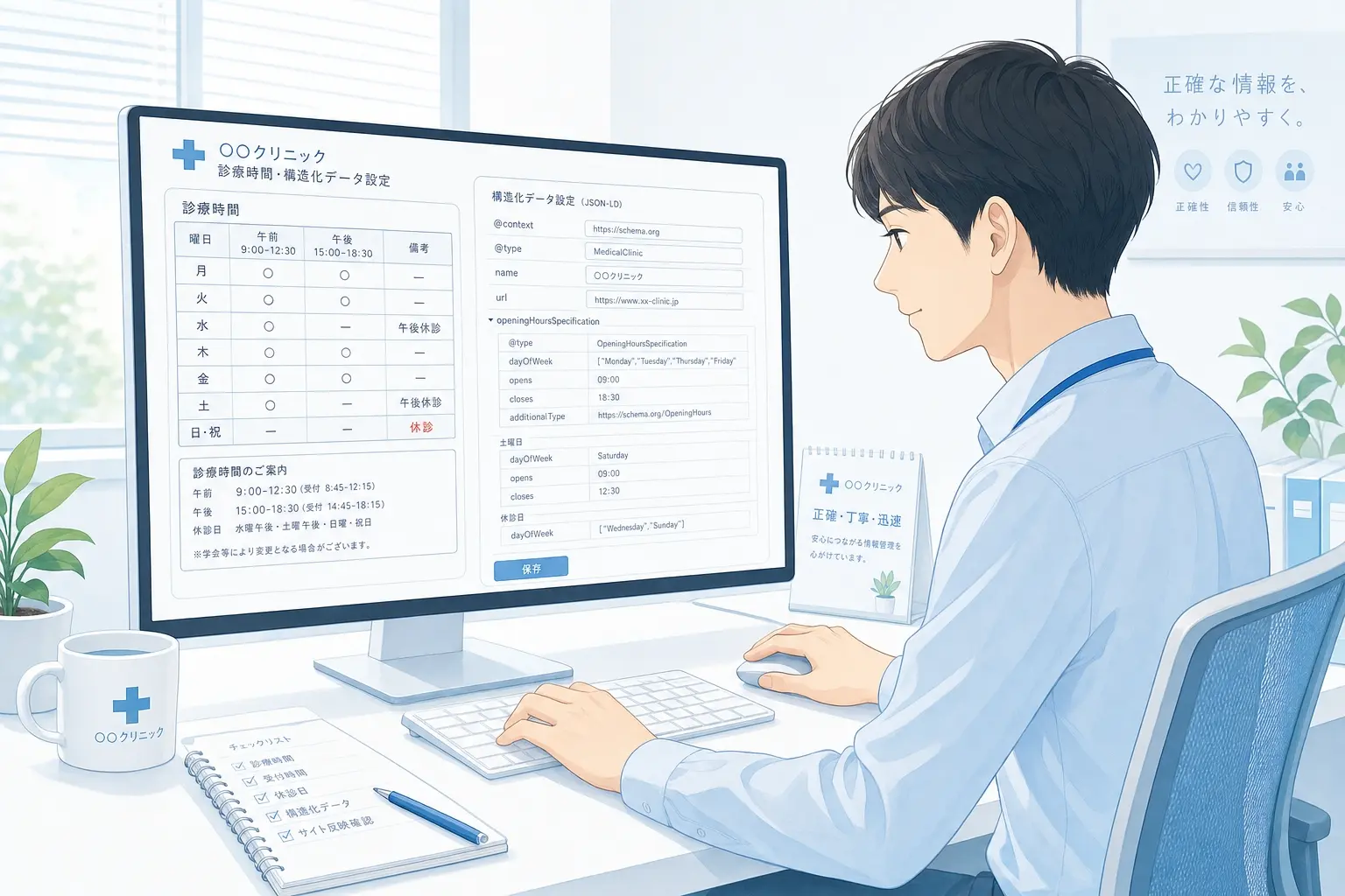 クリニックの診療時間情報をWeb上で整理しているイメージ、パソコン画面に診療時間表と構造化データの設定画面が表示され、運用担当者が正確な情報を確認している清潔感のある作業風景