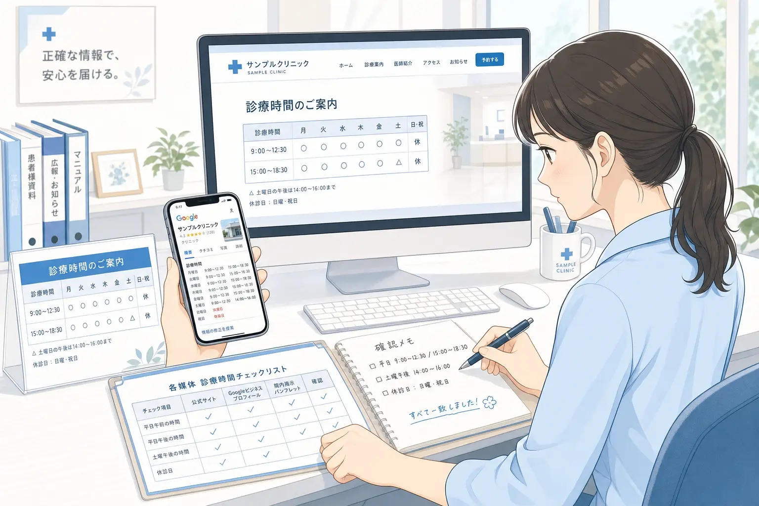 クリニックの診療時間情報の一致を確認しているイメージ、ホームページ、Googleビジネスプロフィール、診療時間表の内容を見比べながら丁寧に整合性を確認している実務的な作業風景