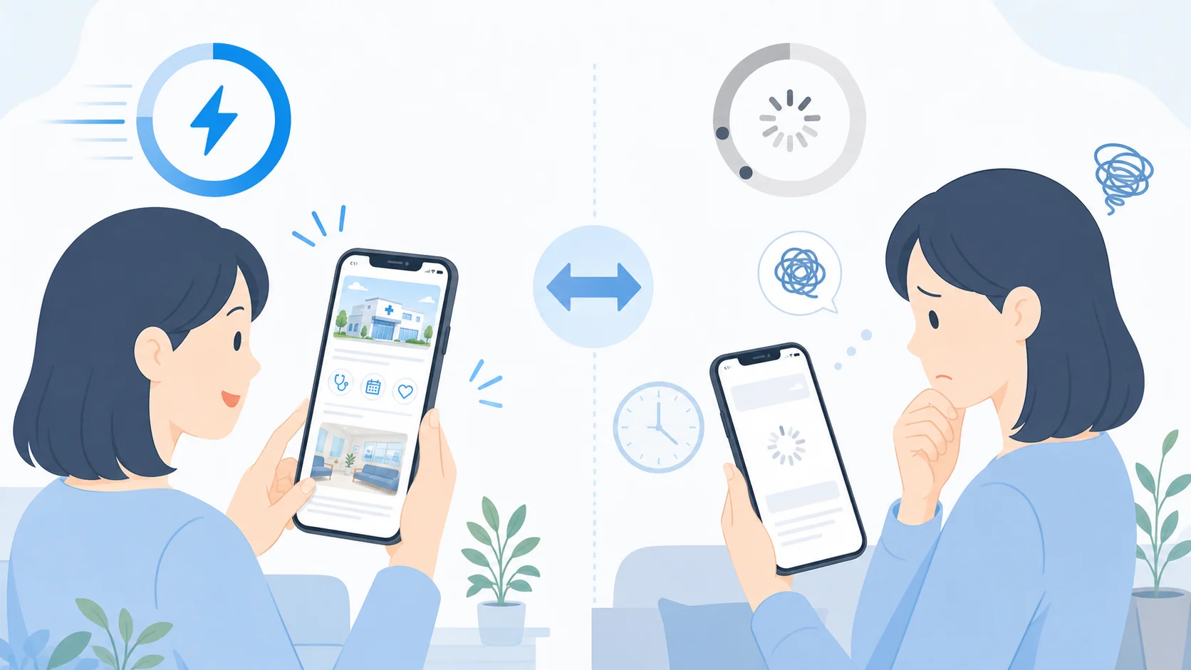 スマートフォンでクリニックのホームページを閲覧している患者が、ページ表示速度の違いによって快適さを感じている様子を比較したイメージ
