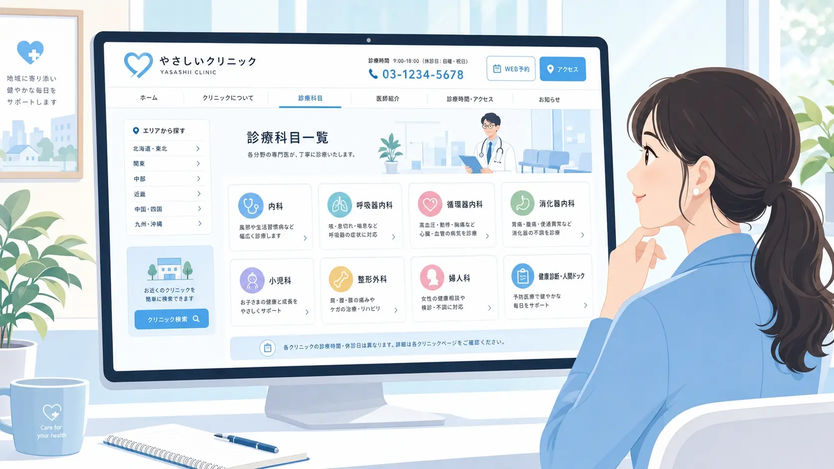地域名と診療科ごとにページを整理したクリニックサイトのイメージ、パソコン画面に複数の診療科ページ構成が表示され、検索導線が分かりやすく設計されている清潔感のあるWebデザイン