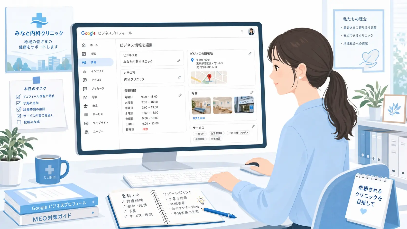クリニックのGoogleビジネスプロフィール情報を整備しているイメージ、診療時間や所在地、写真、診療科目を確認しながらマップ情報を更新している実務的で清潔感のある作業風景