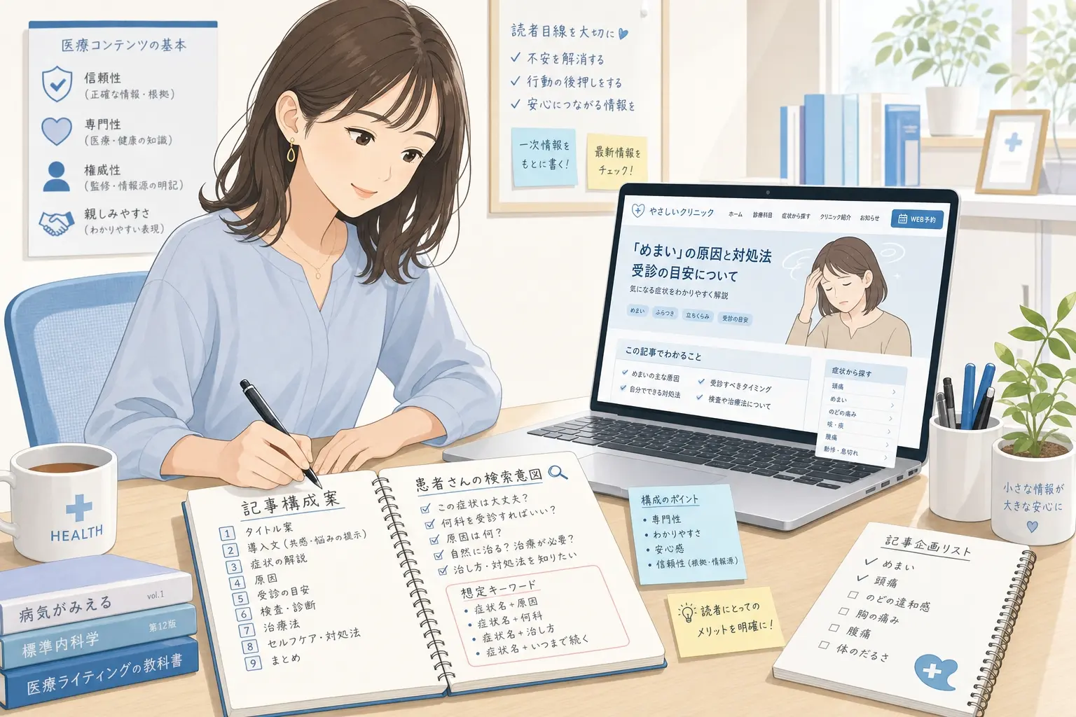 患者向けの医療ブログ記事を構成しているイメージ、症状ごとの検索意図や見出し設計をノートにまとめながらホームページ記事の役割を整理している実務的で明るいワークシーン