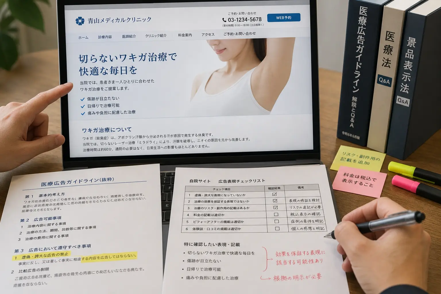 医療広告ガイドラインを意識しながらホームページ文章を点検しているイメージ、書類にメモを入れつつパソコン画面の見出しや文章を丁寧に確認している専門家の手元