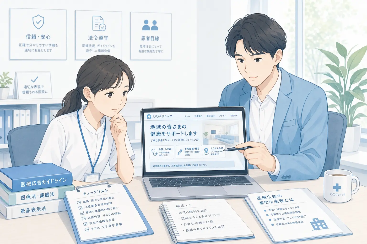クリニックのホームページ原稿で禁止表現を確認しているイメージ、ノートパソコン画面に医療広告の文章が表示され、担当者と制作者が慎重に表現チェックをしている落ち着いたオフィス風景