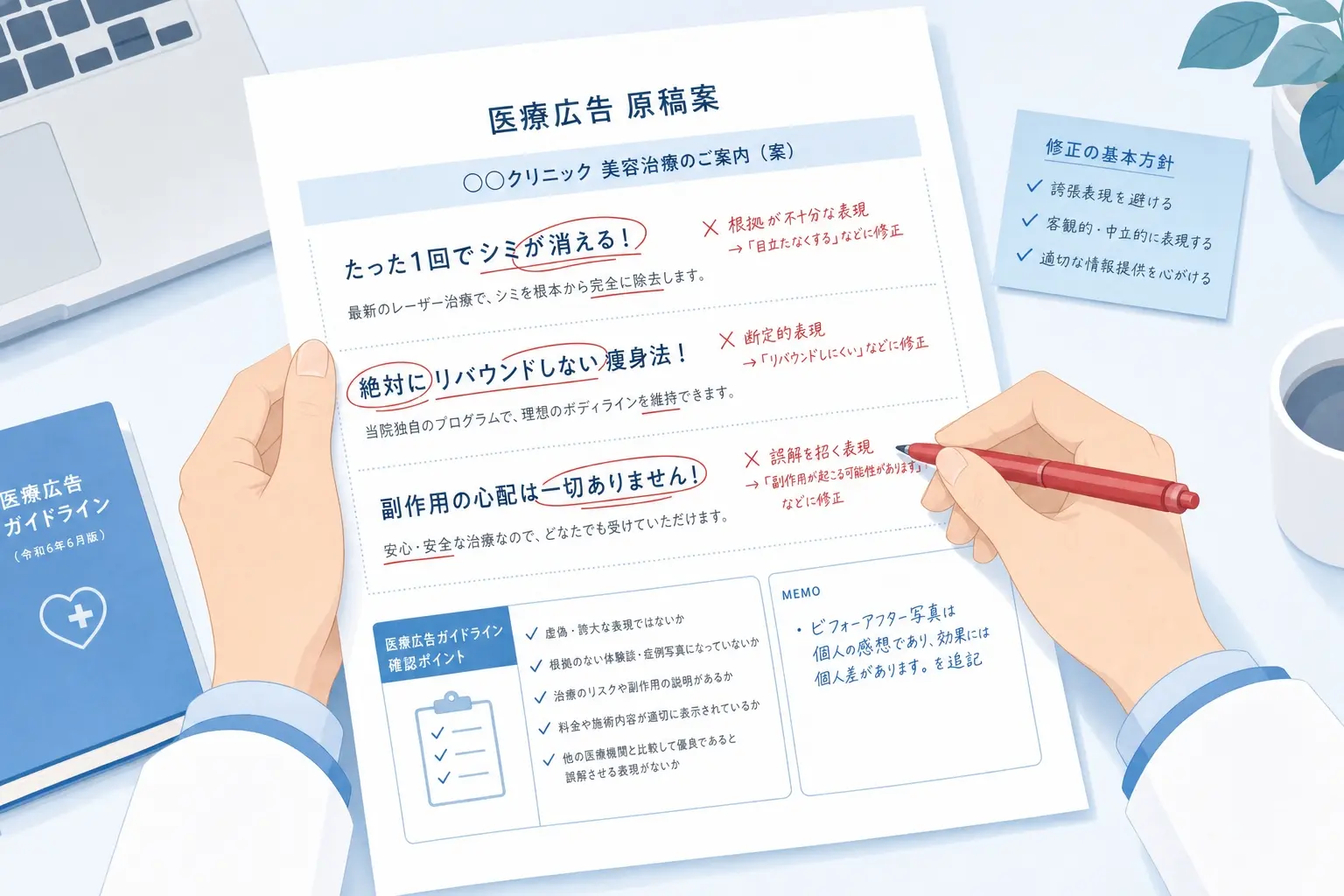 医療広告ガイドラインの文章表現を慎重に見直している場面、原稿の一部に赤字で修正が入り、断定表現や誇張表現を避けるために丁寧に確認している実務的な手元のイメージ