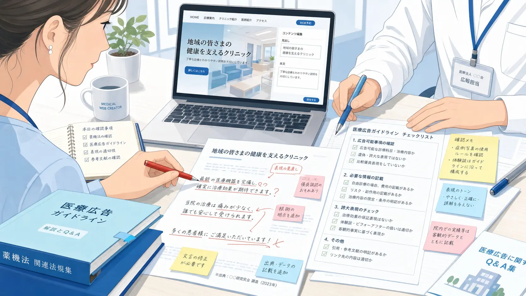 医療広告ガイドラインに沿ってホームページ原稿を見直している場面、文章の修正メモやチェックリストを見ながら制作者と医療機関担当者が慎重に確認している実務的な手元のイメージ