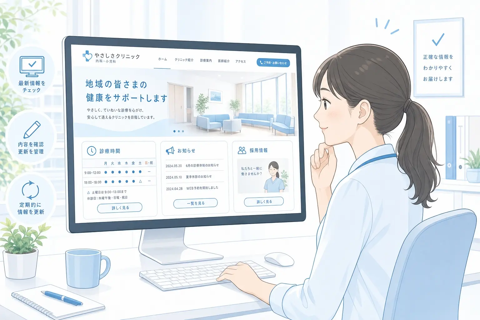 更新が行き届いたクリニックホームページのイメージ、診療時間やお知らせ、採用情報が整理されて表示されているパソコン画面を前に担当者が内容確認をしている清潔感のある場面