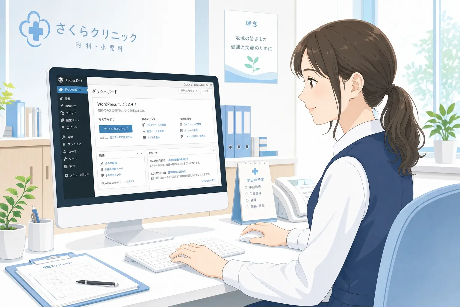 クリニックのホームページを院内で更新しているイメージ、パソコンでWordPress管理画面を開き、お知らせや診療案内の文章をスタッフが確認しながら入力している清潔感のあるオフィス風景