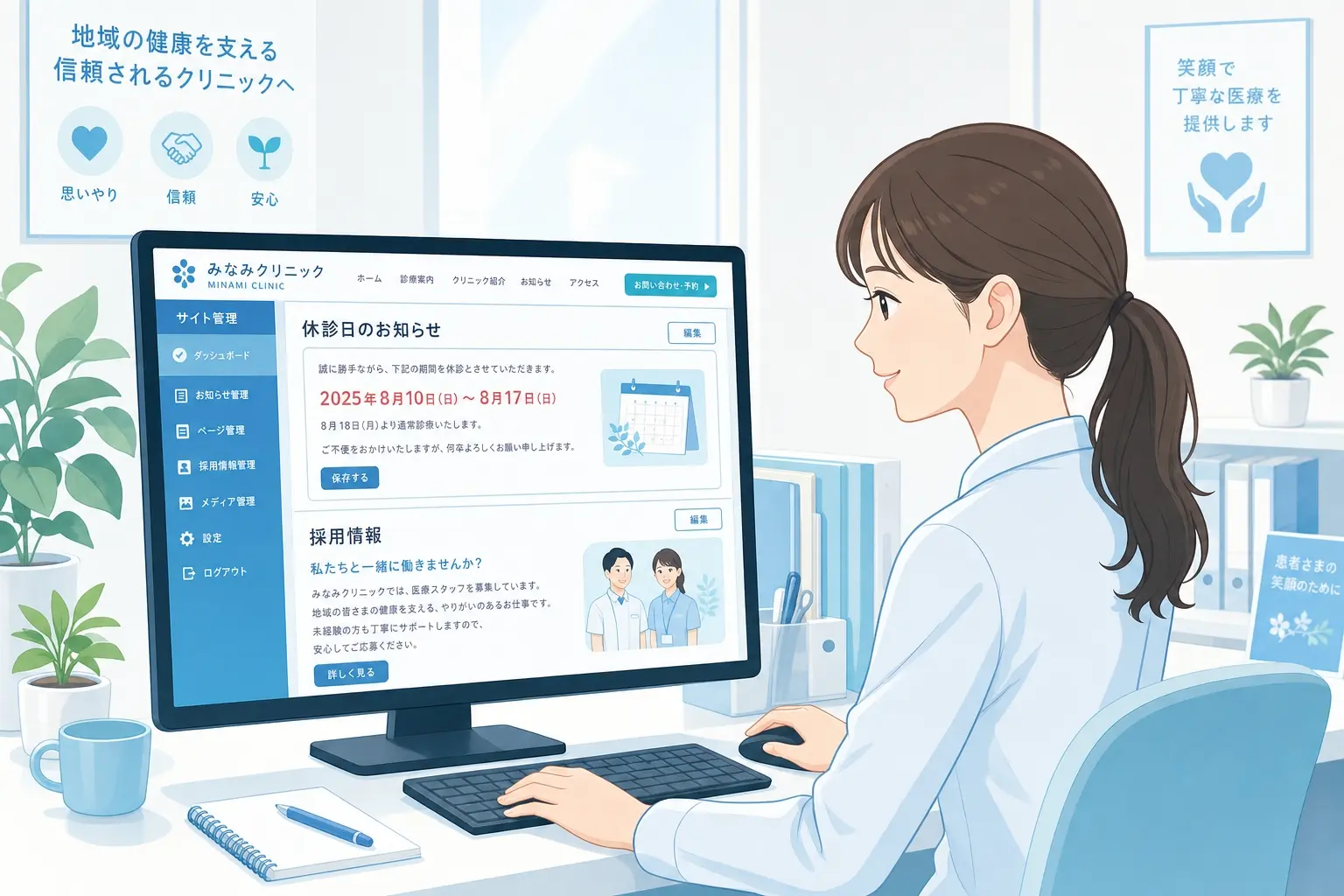 院内スタッフがクリニックホームページのお知らせを自分で更新している様子、管理画面で休診案内や採用情報を見直しながらスムーズに運用している実務的で明るいワークシーン