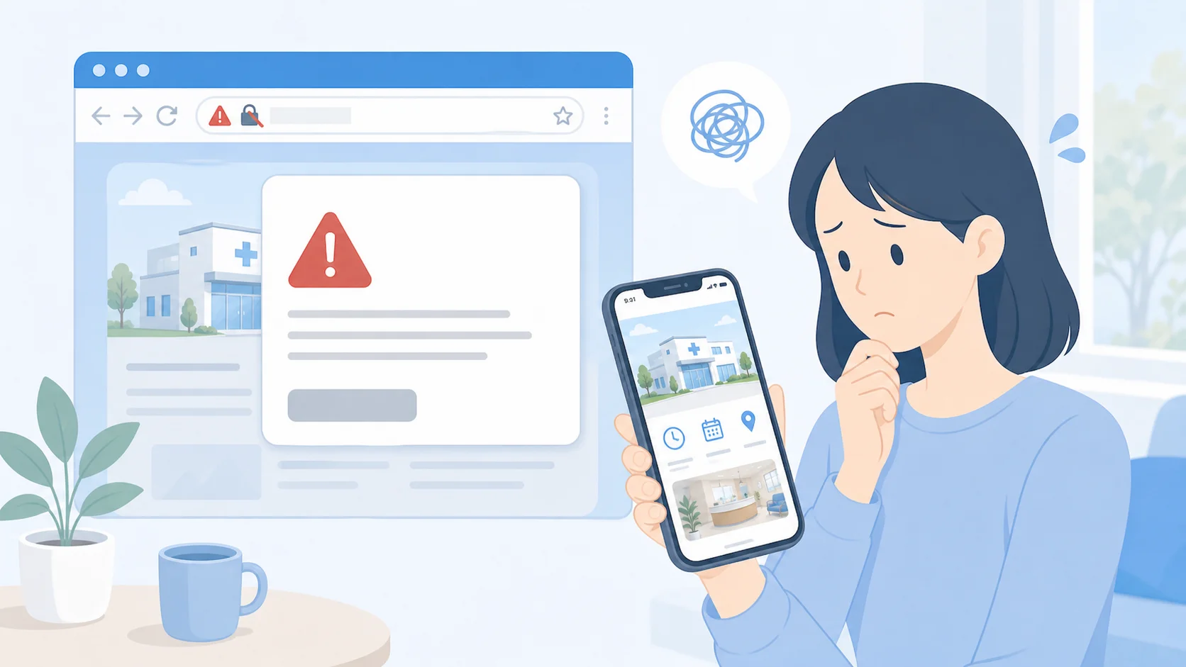 クリニックのホームページを開いたブラウザにセキュリティ警告が表示され、利用者が不安そうにスマートフォン画面を見ているイメージ