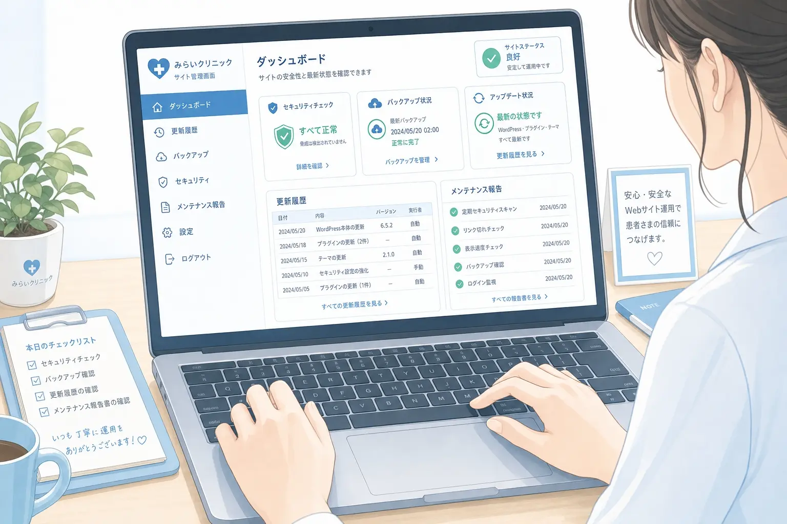 クリニックサイトのセキュリティやバックアップを確認しているイメージ、管理画面上で更新履歴や保守レポートを見ながら安定運用をチェックしている専門家の手元