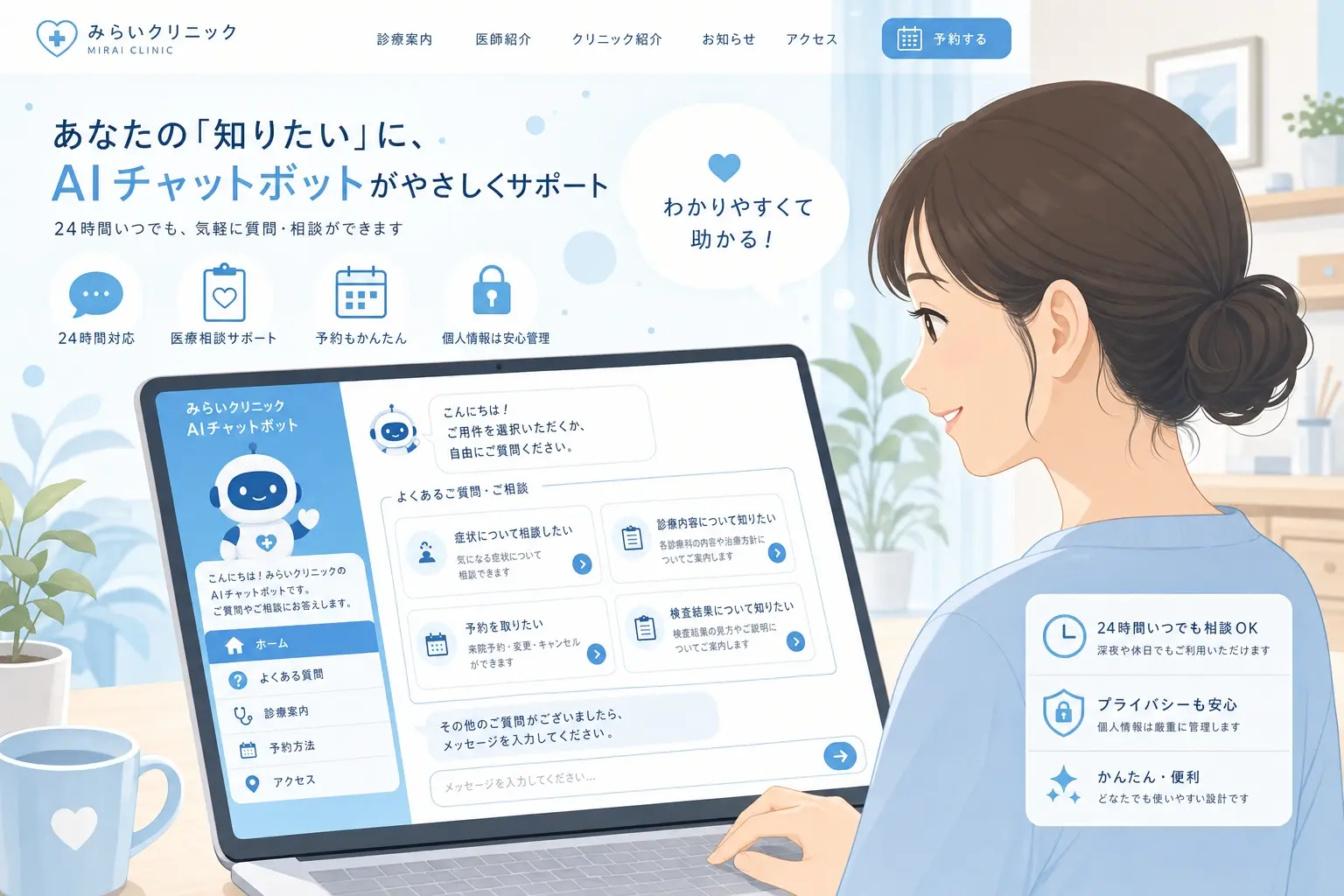 クリニックのホームページ上でAIチャットボットが診療案内や予約案内を表示し、患者が必要な情報へ迷わず進める画面イメージ