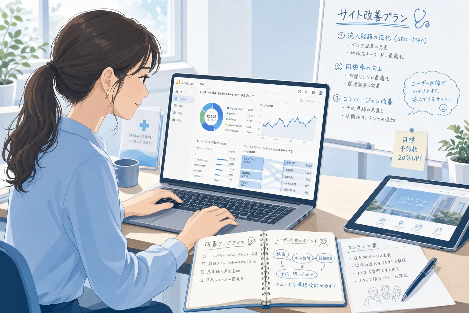 GA4で流入経路やページ遷移を分析しているイメージ、グラフやレポートを見ながらクリニックサイトの改善案を整理している実務的で明るい作業シーン