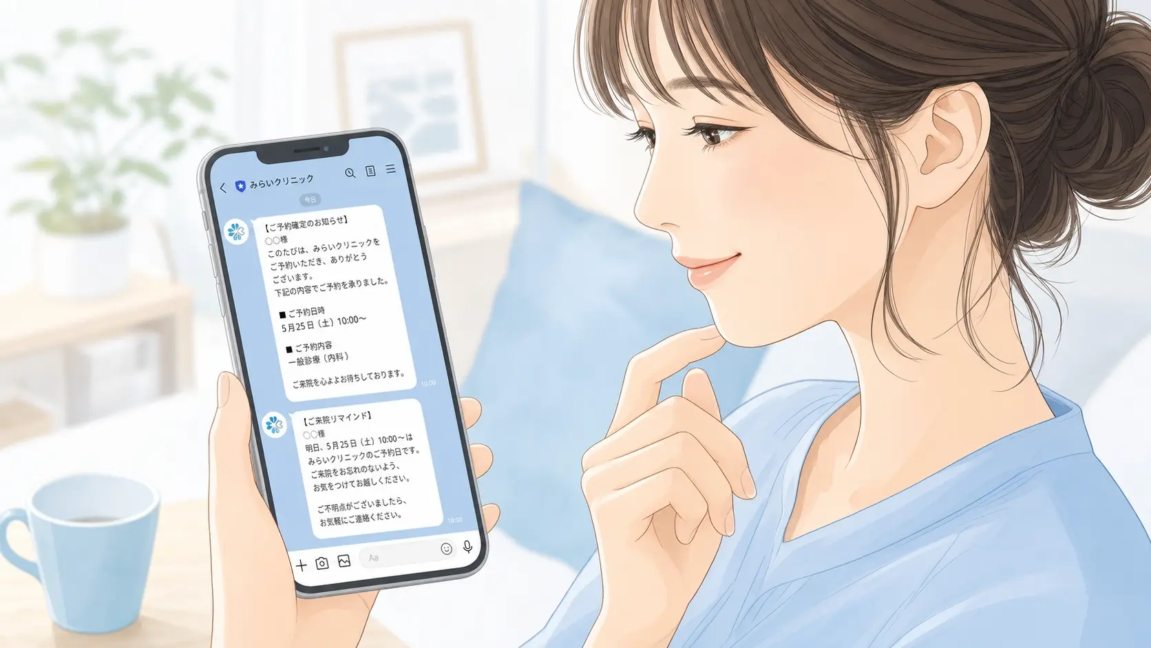 スマートフォンのLINE画面でクリニックから予約確認と来院リマインドの通知を受け取り、患者が安心して予定を確認している様子