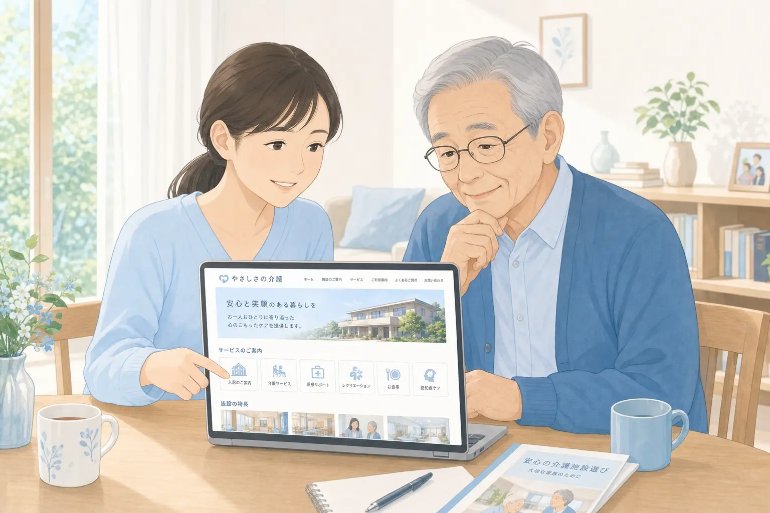 介護施設のホームページを見ながら入居先を検討している家族のイメージ、明るいリビングでノートパソコンを開き、高齢者本人と家族が穏やかな表情で施設情報を確認している温かみのある場面