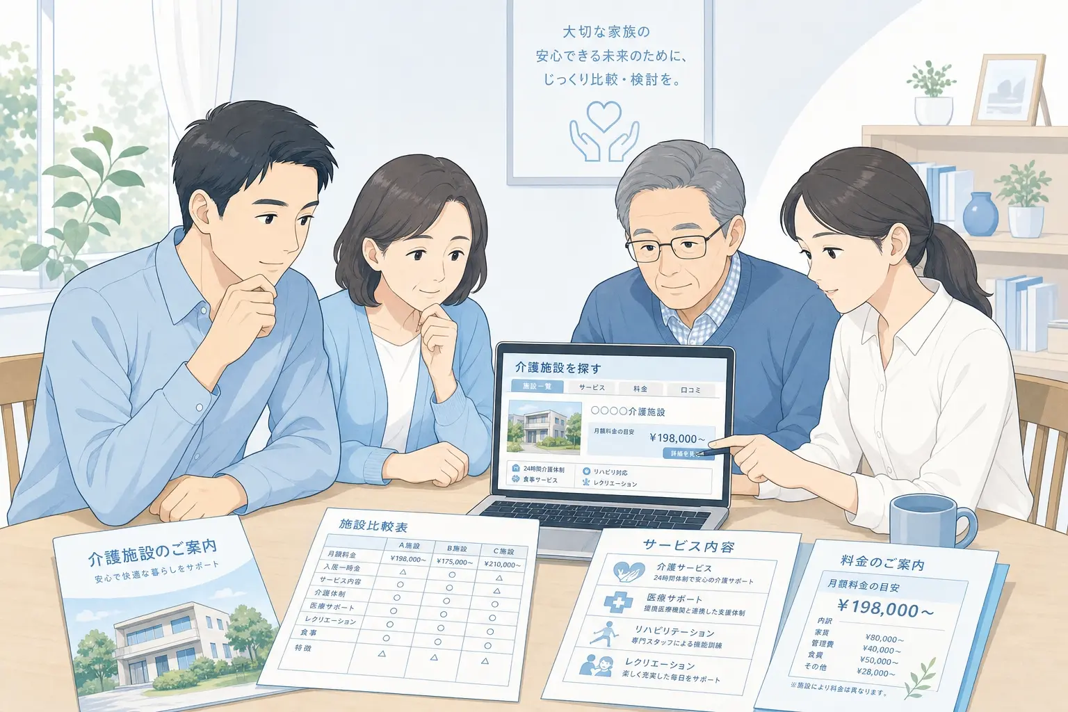 介護施設の料金やサービス内容を家族が比較しているイメージ、テーブルに資料を広げながらノートパソコンで施設ホームページを確認し、落ち着いて検討している丁寧で信頼感のある場面