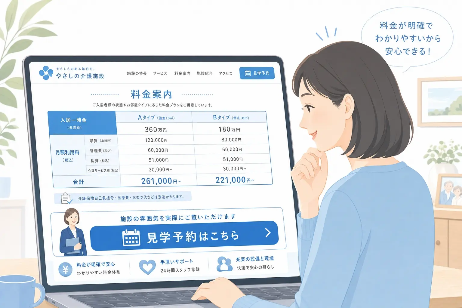 介護施設のホームページの料金表と見学予約ボタンが分かりやすく並んだ画面を、家族が安心した表情で見ているイメージ