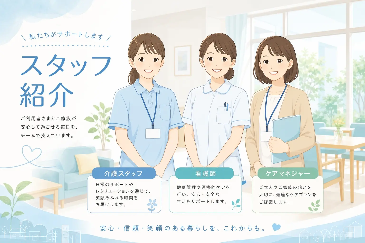 明るい介護施設の共有スペースで、介護士と看護職、相談員が自然な笑顔で並び、温かく落ち着いた雰囲気が伝わるスタッフ紹介用のイメージ