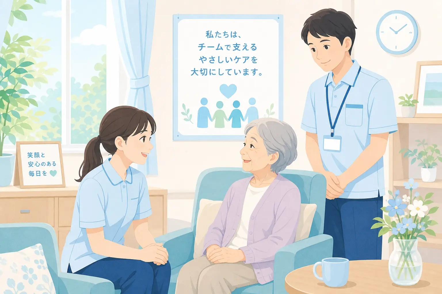 介護職員が利用者と穏やかに会話し、その様子を別のスタッフが見守っている、介護施設の温かなチームケアが伝わる写真イメージ