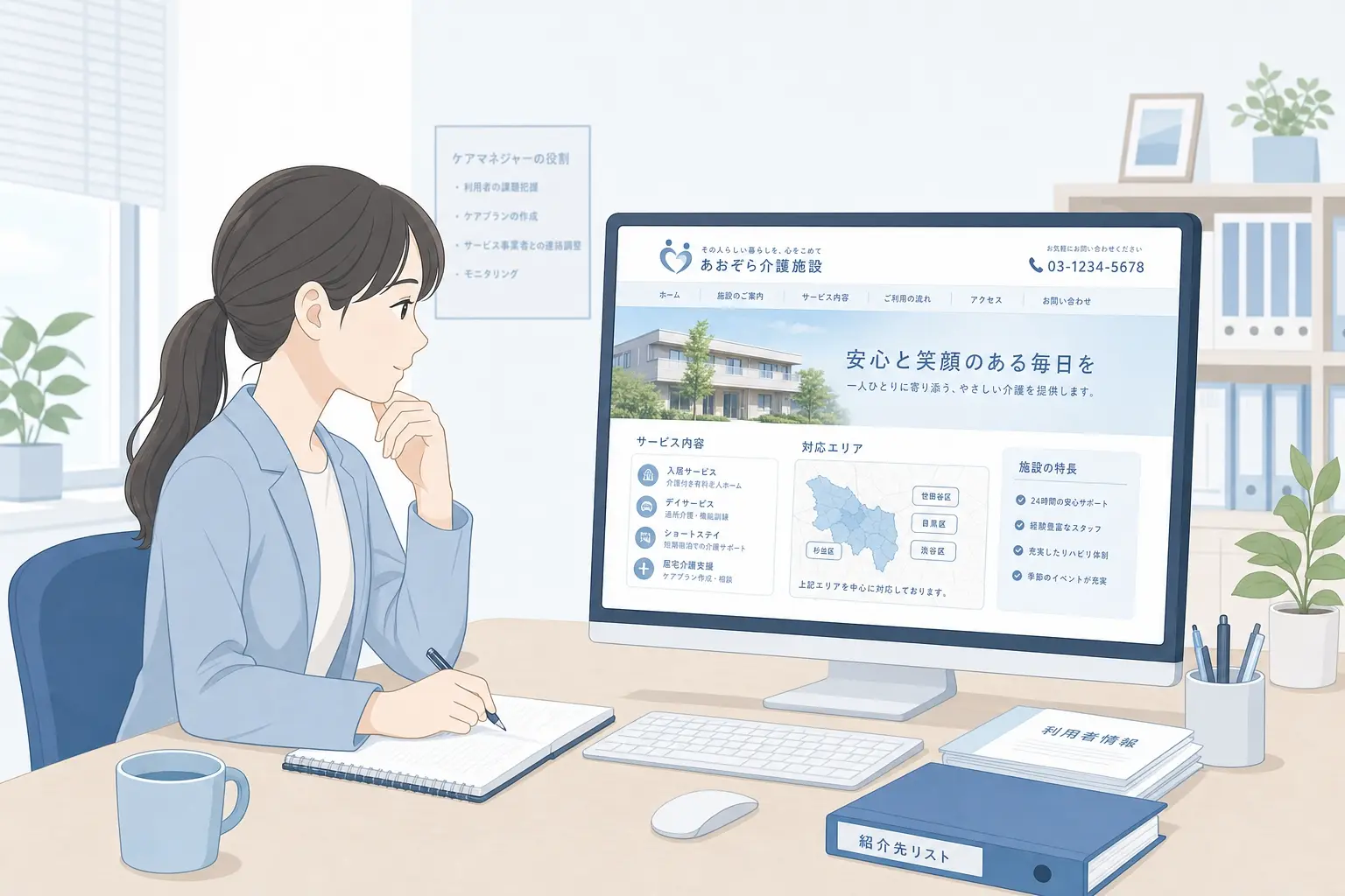 介護事業所のホームページを見ながらケアマネジャーが紹介先を検討しているイメージ、パソコン画面にサービス案内や対応エリアが表示され、相談先として比較検討している落ち着いたオフィスシーン