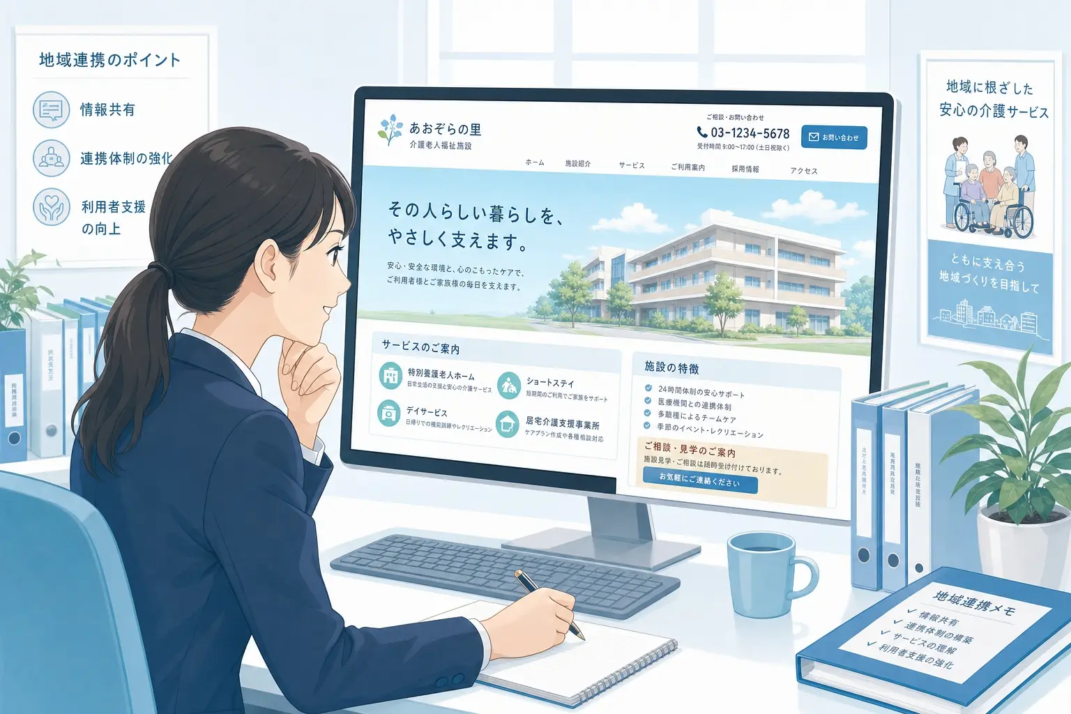 ケアマネジャーと介護事業所が連携しやすい情報発信をしているイメージ、サービス内容や相談窓口が整理されたホームページを見ながら地域連携を検討している実務的で信頼感のある場面