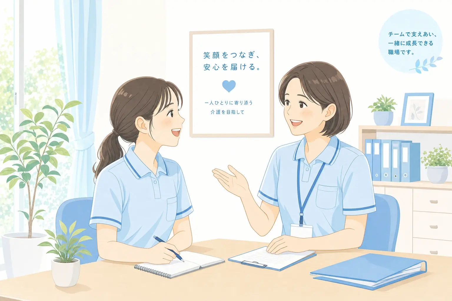 介護施設の採用説明会をイメージした明るい会議スペースで、若手職員とベテラン職員が笑顔で話している採用サイト向けのビジュアル