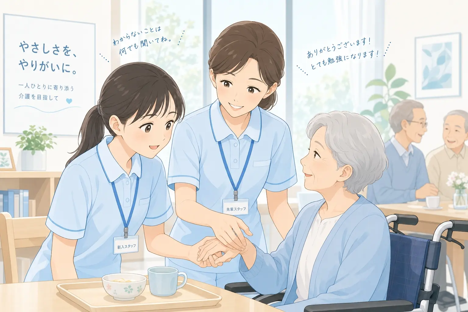 介護施設で先輩スタッフが新人職員にやさしく業務を教えている場面、教育体制と働きやすさが伝わる採用サイト用イメージ