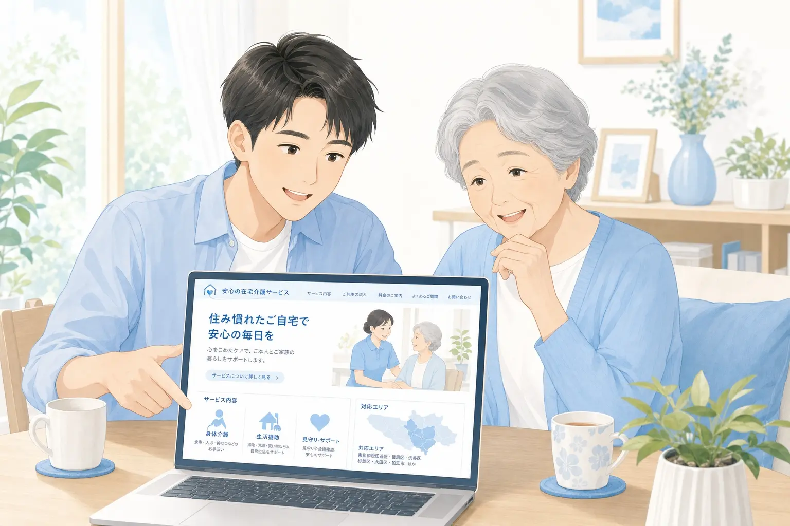 訪問介護事業所のホームページを確認しているイメージ、ノートパソコンにサービス案内や対応エリアが表示され、家族と高齢者が自宅で穏やかに相談している温かみのある生活シーン