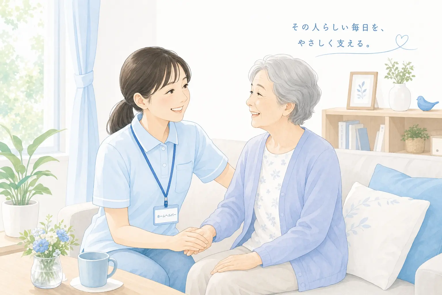 訪問介護スタッフが利用者宅で丁寧に支援している雰囲気を伝えるイメージ、明るい居室でスタッフが高齢者に寄り添いながら生活支援を行い、安心感と信頼感が伝わる自然な場面