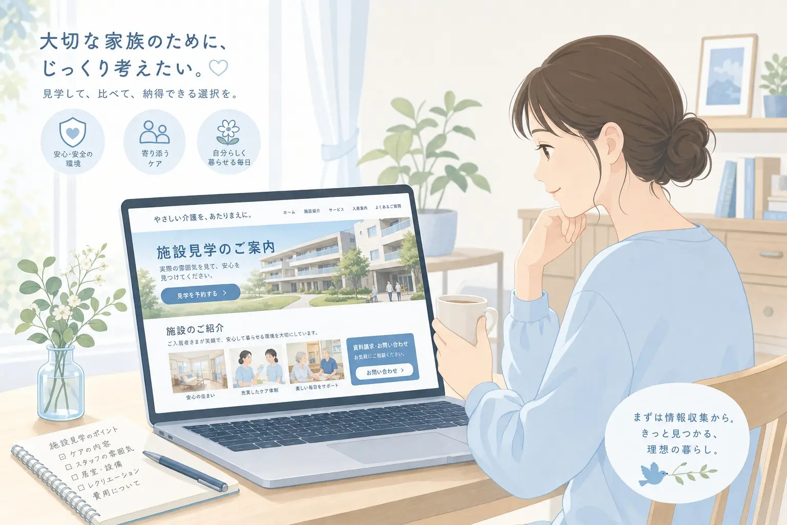 介護施設の見学予約につながるホームページ導線を検討しているイメージ、ノートパソコンに施設案内ページや問い合わせボタンが表示され、ご家族が穏やかな表情で情報を確認している温かみのある場面