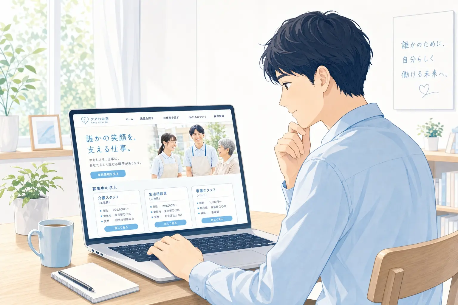 介護事業所の採用サイトを見ながら応募を検討している求職者のイメージ、明るい室内でノートパソコンにスタッフ写真や募集要項が表示され、落ち着いた表情で情報を確認している自然なビジネスシーン