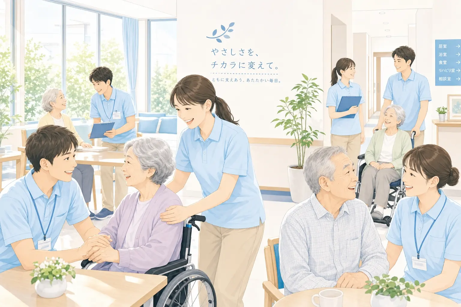 介護スタッフが明るい雰囲気の職場で利用者と接している様子を伝えるイメージ、自然光の入る施設内でスタッフ同士が連携しながら笑顔でケアを行っている温かみのある場面