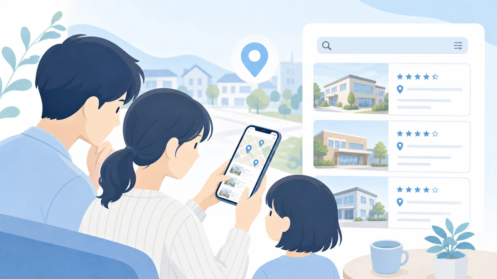 介護施設を探す家族がスマートフォンのGoogleマップ検索画面で地域の施設情報を比較している、施設の外観写真や星評価や所在地が見やすく並ぶ、淡いブルーと白を基調にした清潔感のあるフラットデザインイラスト